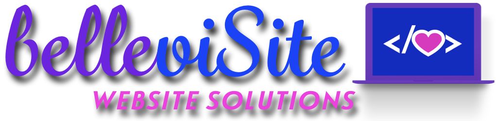 belleviSite logo with name in violet and blue cursive next to a violet laptop icon framing a blue heart in a white closing html tag